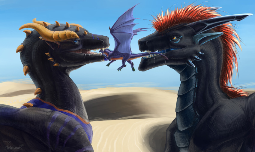 ambiguous_gender belly_scales black_scales blue_eyes blue_sky day desert detailed_background digitigrade dragon drooling eglan feral group hair head_in_mouth head_spines horn imminent_vore larger_ambiguous long_neck looking_at_another mane membranous_wings open_mouth orange_mane orange_pupils orange_scales purple_scales saliva scales scalie sharp_teeth side_view sky smaller_ambiguous snout spread_wings tail_in_mouth teeth vore wingclaws wings yellow_eyes zmousez