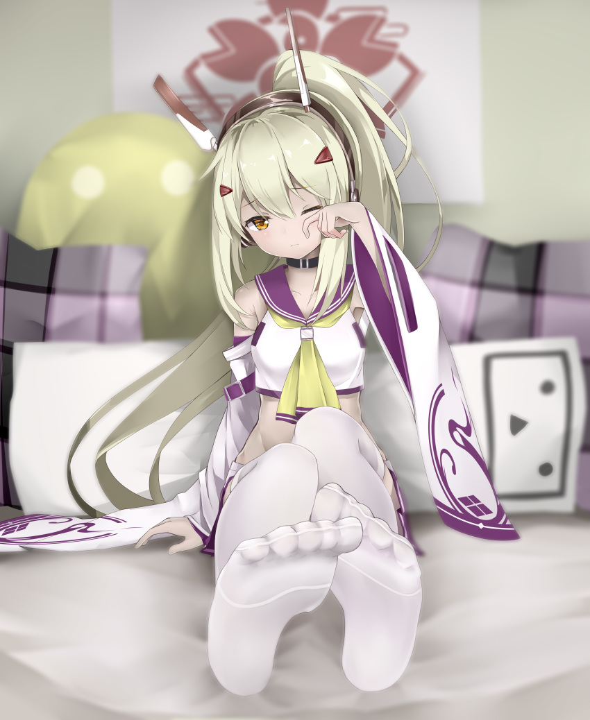 absurdres ayanami_(azur_lane) azur_lane closed_mouth commentary_request crm eyebrows_visible_through_hair feet full_body green_hair highres long_hair one_eye_closed ponytail sleeveless soles solo thighhighs toes very_long_hair white_legwear yellow_eyes