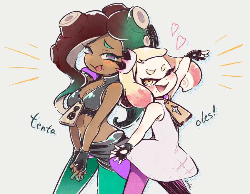 2girls bangs black_shorts black_skin blunt_bangs blush breasts cephalopod_eyes cleavage commentary crop_top crown domino_mask dress english fingerless_gloves gloves gradient_hair green_eyes green_hair green_legwear hands_together headphones hime_(splatoon) iida_(splatoon) interlocked_fingers long_hair looking_at_viewer mask medium_breasts mole mole_under_mouth multicolored multicolored_hair multicolored_skin multiple_girls notice_lines octarian open_mouth pantyhose pantyhose_under_shorts pink_hair pink_legwear pink_pupils pose short_dress short_hair shorts sleeveless sleeveless_dress smile smirk splatoon_(series) splatoon_2 standing suction_cups tentacle_hair twitter_username ueda_kou white_dress white_hair yellow_eyes zipper zipper_pull_tab