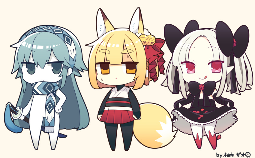 animal_ears bell blonde_hair blue_eyes blue_hair bodysuit bow chibi elbow_gloves foxgirl gloves goth-loli headband japanese_clothes katana loli lolita_fashion long_hair orange_eyes original petals pointed_ears ribbons scarf short_hair signed skirt skirt_lift sword tail twintails weapon white_hair yuzuki_gao