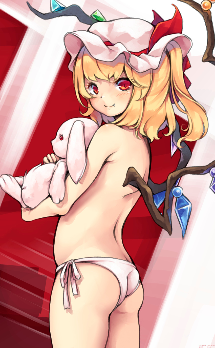 absurdres arched_back ass back bangs bare_arms bare_shoulders blonde_hair closed_mouth commentary_request crystal fang fang_out flandre_scarlet from_side hat hat_ribbon highres holding holding_stuffed_animal looking_at_viewer looking_back maremay0513 medium_hair mob_cap panties red_eyes ribbon shoulder_blades side-tie_bottom side-tie_panties side_ponytail smile solo standing stuffed_animal stuffed_toy topless touhou underwear underwear_only upper_body wings