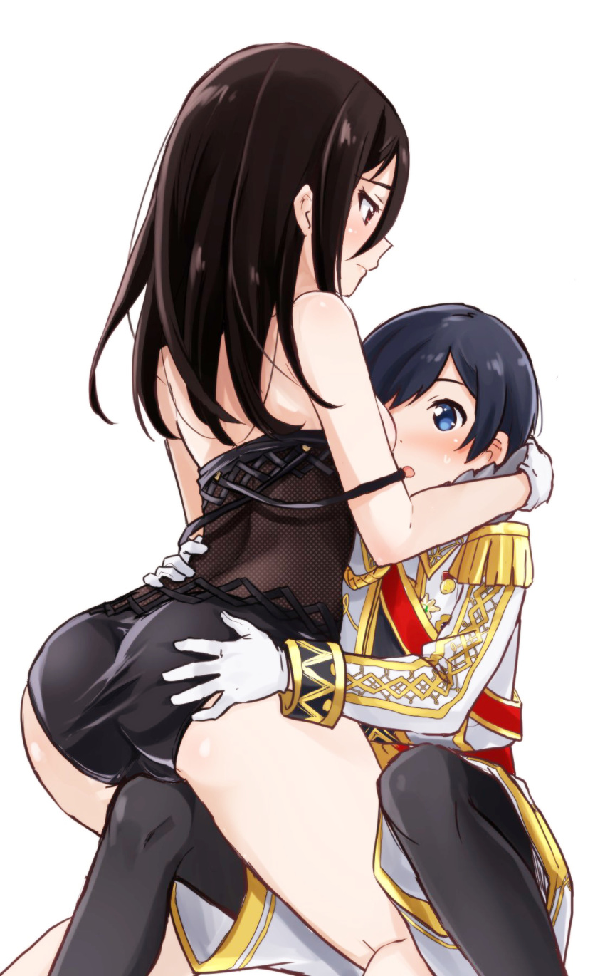 1girl alternate_hairstyle arms_around_neck ass bare_shoulders black_hair black_legwear black_swimsuit blue_eyes blue_hair blush breasts brown_hair commentary_request cousins epaulettes gloves hand_on_ass hand_on_hip highres incest long_hair looking_down looking_up madanai_(morisumeshi) medal meleph_(xenoblade) military military_uniform neferu_(xenoblade) pants_under_shorts pantyhose red_sash short_hair sideboob simple_background sitting sitting_on_lap sitting_on_person strap_slip sweatdrop swimsuit thighs uniform user_rvwr5548 white_background white_gloves white_uniform xenoblade_(series) xenoblade_2