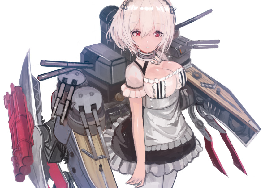 1girl absurdres azur_lane bangs blush breasts choker cleavage collarbone dress eyebrows_visible_through_hair hair_between_eyes hairband highres lace-trimmed_hairband large_breasts looking_at_viewer machinery puffy_sleeves red_eyes rigging short_hair short_sleeves simple_background sirius_(azur_lane) solo tarbo_(exxxpiation) white_background white_hair