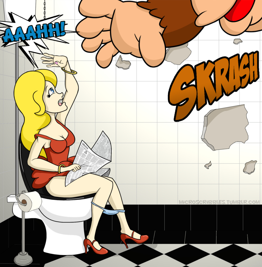 1boy 1girl ape artist_request blush donkey_kong monster peril sitting tagme toilet