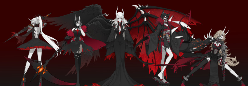 angel_wings animal_ears asymmetrical_wings black_sclera blake_belladonna breasts cat_ears cleavage commentary corruption crescent_rose dark_persona demon_wings dishwasher1910 double_barrels face_mask grimm gun highres horns japanese_clothes kimono mask multiple_girls myrtenaster pale_skin red_background red_eyes ruby_rose rwby salem_(rwby) scythe shotgun sword tentacles weapon weiss_schnee what_if white_skin wings yang_xiao_long