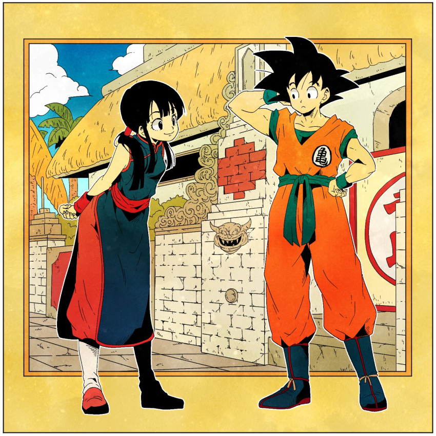 1girl arena arms_behind_back bangs black_eyes black_hair blue_sky boots building chi-chi_(dragon_ball) chinese_clothes cloud cloudy_sky commentary_request day dougi dragon_ball dragon_ball_(classic) expressionless eyelashes fingernails frame full_body hand_in_hair hand_on_hip happy highres leaning_forward looking_at_another outdoors outside_border ponytail short_hair simple_background sky smile son_gokuu spiked_hair standing wall wristband yellow_background