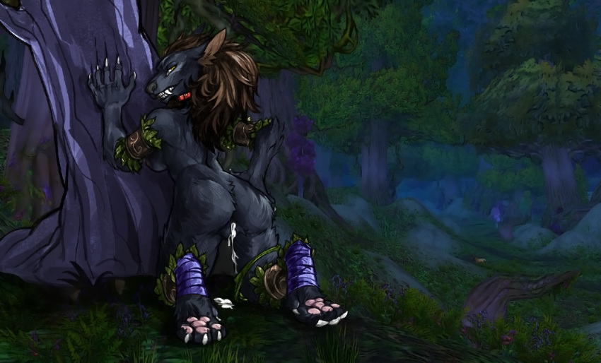 2018 anthro breasts butt canine collar cum cum_in_pussy cum_inside cum_leaking digital_media_(artwork) edit female hair harag kneeling long_hair looking_back mammal mostly_nude outside paws pussy solo tree video_games warcraft were werewolf worgen