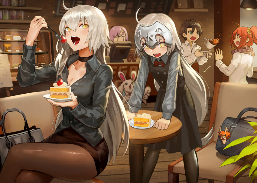 4girls ahoge angry bag black_hair black_legwear black_shirt bow brown_eyes cake cash_register casual choker commentary covering_mouth cup danann dress eating fate/grand_order fate_(series) food fork fou_(fate/grand_order) fruit fujimaru_ritsuka_(female) fujimaru_ritsuka_(male) glasses hand_over_own_mouth handbag headpiece jeanne_d'arc_(alter)_(fate) jeanne_d'arc_(fate)_(all) jeanne_d'arc_alter_santa_lily lavender_hair long_hair mash_kyrielight multiple_girls one_eye_closed open_mouth pantyhose pencil_skirt pinafore_dress purple_eyes red_hair riyo_(lyomsnpmp)_(style) scarf scrunchie shirt side_ponytail silver_hair skirt strawberry surprised unbuttoned unbuttoned_shirt very_long_hair white_shirt younger