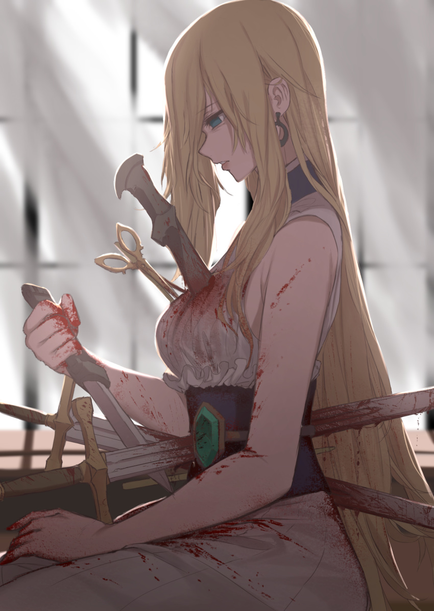 aqua_eyes attempted_suicide blonde_hair blood blood_on_face blood_splatter blood_stain bloody_clothes blue_eyes commentary corset curtains dishwasher1910 dress earrings empty_eyes expressionless from_side highres impaled injury jewelry knife long_hair looking_away looking_down parted_lips rwby salem_(rwby) scissors sitting sleeveless sleeveless_dress solo spoilers sword very_long_hair weapon white_dress window