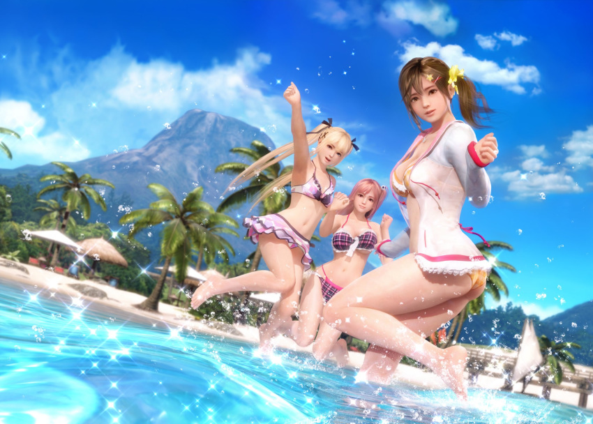 3girls arm_up ass bangs barefoot beach bikini bikini_skirt blonde_hair blue_sky breasts brown_eyes cloud cloudy_sky day dead_or_alive dead_or_alive_xtreme hair_ornament highres holding_hands honoka_(doa) interlocked_fingers jacket jewelry jumping large_breasts lips long_hair long_sleeves looking_at_viewer marie_rose medium_breasts misaki_(doa) multiple_girls navel necklace official_art open_clothes open_jacket open_mouth palm_tree parted_lips pink_hair red_eyes see-through shiny side_ponytail sky small_breasts smile swimsuit thighs tree twintails water water_drop