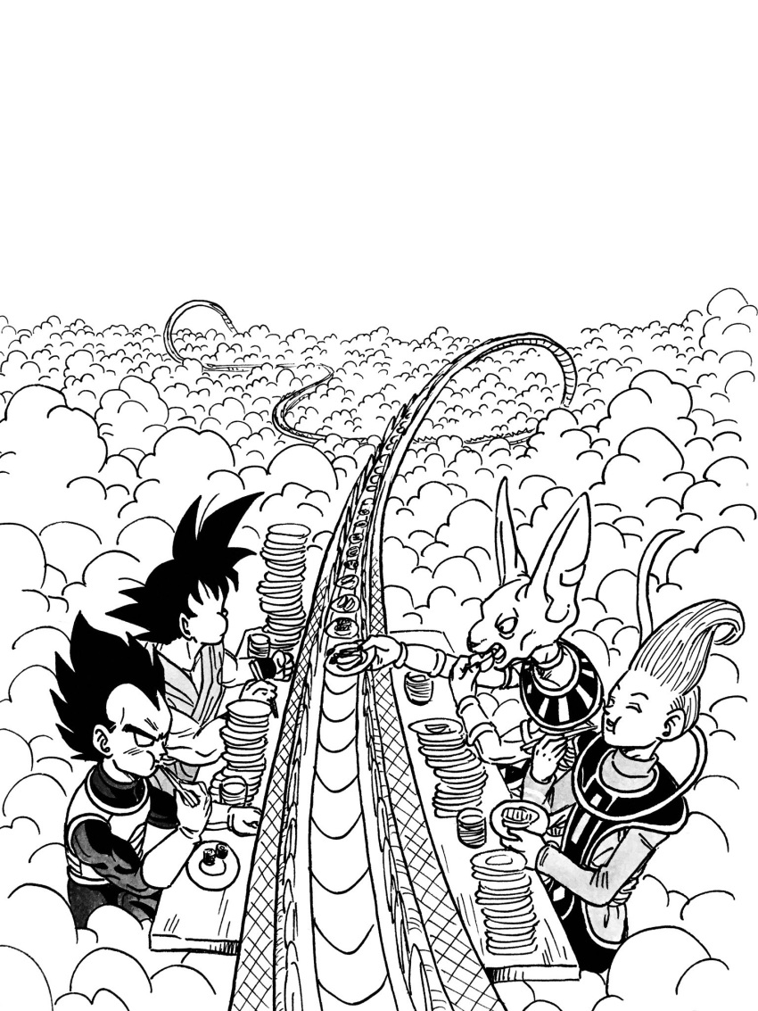 ^_^ armor beerus black_hair chopsticks closed_eyes cloud cloudy_sky commentary_request d: dougi dragon_ball dragon_ball_super dragon_ball_z eating egyptian_clothes facing_away from_above gloves greyscale highres lee_(dragon_garou) male_focus monochrome multiple_boys open_mouth outdoors outstretched_arm plate profile short_hair sitting sky snake_way son_gokuu spiked_hair table vegeta whis