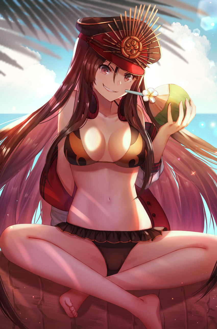 absurdres arm_behind_back bare_shoulders beach bikini black_hair breasts coconut collarbone commentary_request crossed_ankles day dolce_(dolsuke) fate/grand_order fate_(series) food frilled_bikini frills fruit grin hair_between_eyes hat headphones headphones_around_neck highres holding holding_food jacket light_particles long_hair looking_at_viewer medium_breasts navel ocean oda_nobunaga_(fate) off_shoulder outdoors palm_leaf peaked_cap red_eyes sand shade sitting smile solo stomach swimsuit