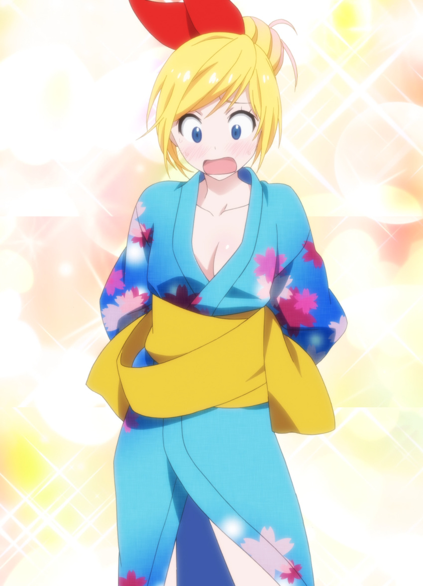 blonde_hair blush breasts highres japanese_clothes kimono kirisaki_chitoge nisekoi ribbon screencap stitched third-party_edit wardrobe_malfunction