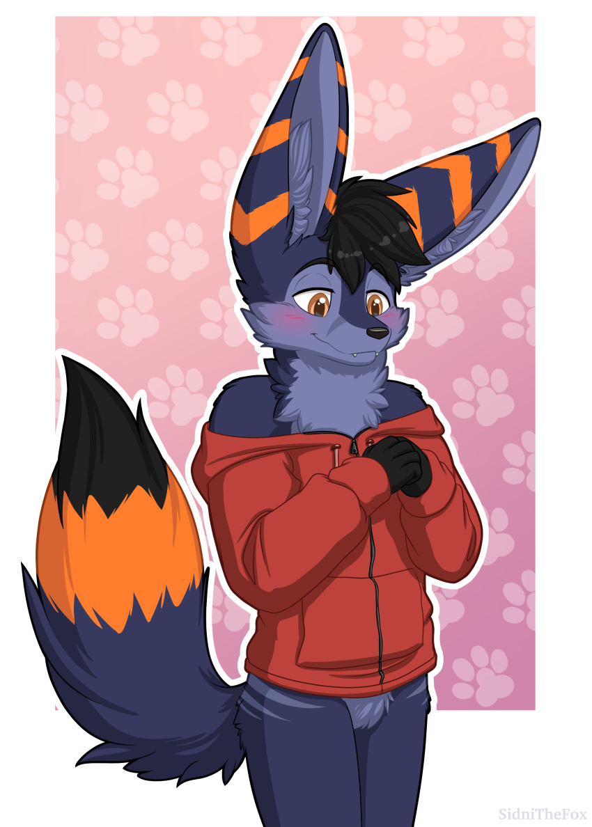 2019 absurd_res anthro blue_fur blush bottomless canid canine clothed clothing digital_media_(artwork) featureless_crotch fennec fox fur hair hi_res kemono male mammal multicolored_fur orange_fur sidnithefox simple_background smaller_version_at_source smile solo stack_(character) standing