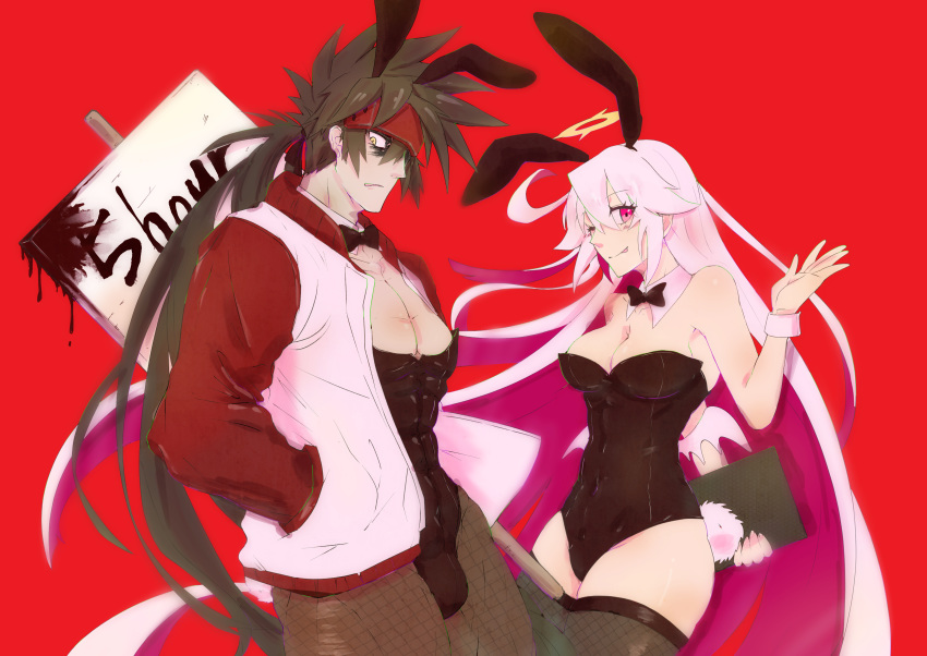 1boy 1girl ;p abs absurdres ahoge animal_ears black_leotard breasts brown_hair brown_legwear bulge bunny_ears bunny_girl bunny_tail bunnysuit cleavage clipboard covered_navel cowboy_shot crossdressing detached_collar fishnet_legwear fishnet_pantyhose fishnets forehead_protector guilty_gear guilty_gear_xrd halo hands_in_pockets highres huge_ahoge jack-o'_valentine jacket leotard letterman_jacket long_hair low_ponytail low_wings manly medium_breasts mini_wings one_eye_closed pantyhose pectorals pink_hair purple_eyes red_background shimizu_shirube sign sol_badguy spiked_hair split_ponytail strapless strapless_leotard tail thighhighs tongue tongue_out very_long_hair wings wrist_cuffs yellow_eyes