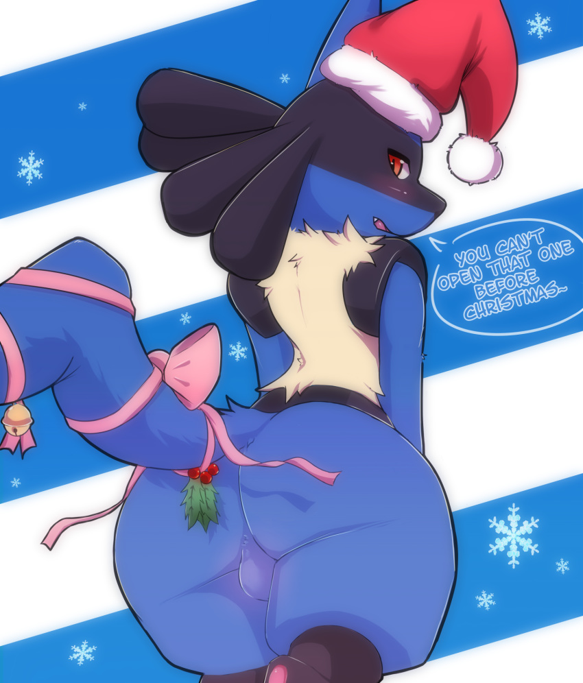 2018 anthro backsack balls bell black_fur blue_fur blush butt celescario christmas english_text fur hat holidays looking_at_viewer looking_back lucario male mistletoe nintendo nude plant pok&eacute;mon pok&eacute;mon_(species) presenting presenting_hindquarters rear_view red_eyes ribbons solo speech_bubble text video_games yellow_fur