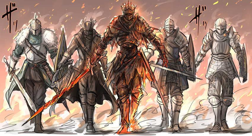 armor bearer_of_the_curse bloodborne burning chosen_undead commentary dark_souls dark_souls_ii dark_souls_iii demon's_souls full_armor fur_collar hat helmet highres hunter_(bloodborne) kan_(aaaaari35) knight long_coat saw_cleaver shield slayer_of_demons soul_of_cinder souls_(from_software) sword walking weapon