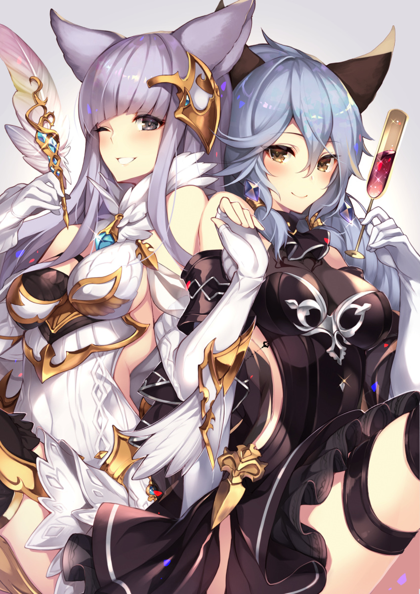 alcohol animal_ears ascot backless_outfit bangs bare_shoulders black_legwear black_neckwear black_shirt black_skirt blue_hair blunt_bangs blush breasts brown_eyes cleavage closed_mouth commentary_request covered_navel cup detached_sleeves dress drinking_glass elbow_gloves erune fingerless_gloves glint gloves granblue_fantasy grey_eyes grey_hair grin hair_between_eyes hair_ornament hand_up hands_up heles highres holding holding_cup holding_quill homaderi jewelry korwa large_breasts long_hair looking_at_viewer medium_breasts miniskirt mismatched_gloves multiple_girls necklace one_eye_closed shirt side-by-side sidelocks sitting skirt smile teeth thigh_strap thighhighs white_dress white_gloves wine wine_glass