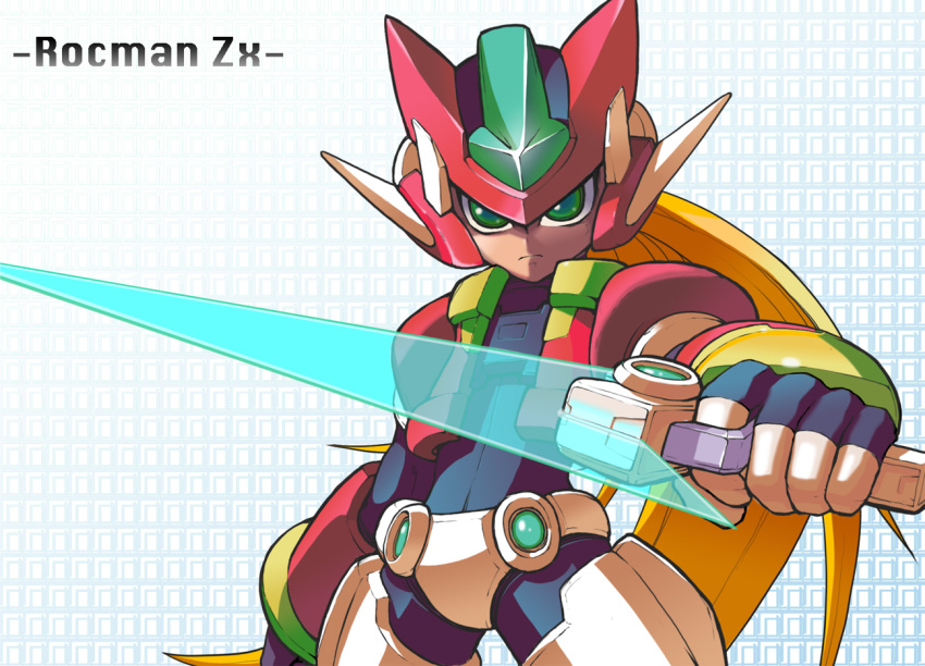 commentary_request copyright_name cowboy_shot energy_blade energy_sword green_eyes helmet holding holding_weapon long_hair looking_at_viewer model_zx power_armor rockman rockman_zx serious solo sword vent weapon yuusuke_(5yusuke3)