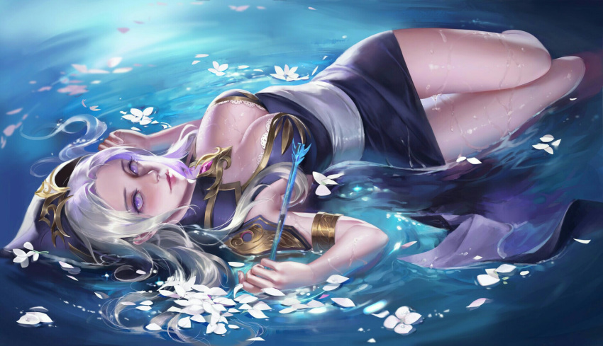 armlet arrow artist_request ashe_(league_of_legends) black_dress breasts cleavage dress flower gem highres hood lace large_breasts lavender_eyes league_of_legends lips long_hair lying on_back partially_submerged petals realistic sash shoulder_armor solo water wet white_hair