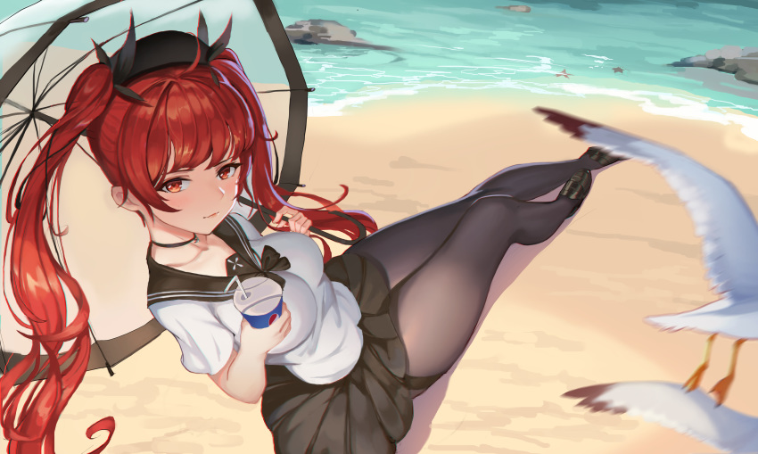 absurdres alternate_costume azur_lane bangs beach bird black_footwear black_legwear black_skirt blush breasts chinese_commentary chromatic_aberration closed_mouth collarbone commentary_request cup disposable_cup drink drinking_straw full_body god_hunter hat highres holding holding_cup honolulu_(azur_lane) legs legs_together loafers long_hair looking_at_viewer medium_breasts miniskirt motion_blur ocean pantyhose pleated_skirt red_eyes red_hair rock sailor_collar sand seagull shirt shoes short_sleeves sidelocks sitting skirt solo starfish translucent twintails umbrella white_shirt