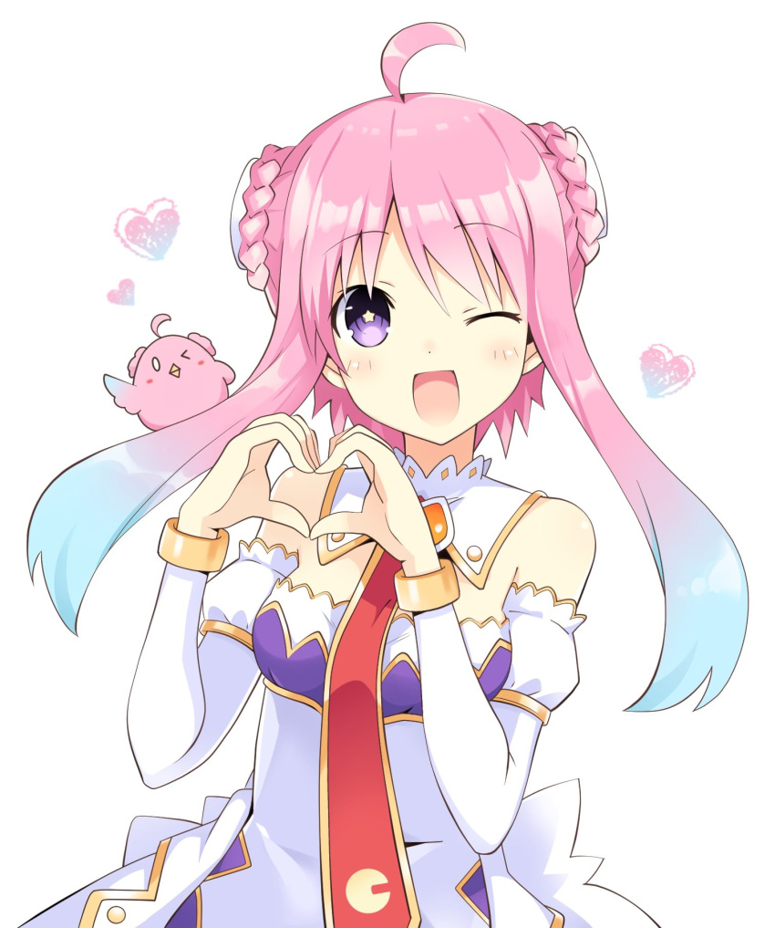 ahoge blue_hair blush breasts detached_sleeves eyebrows_visible_through_hair heart heart_hands highres looking_at_viewer multicolored_hair one_eye_closed open_mouth original pink_hair purple_eyes small_breasts smile solo star star-shaped_pupils symbol-shaped_pupils twintails two-tone_hair virtual_youtuber white_background zero_(ray_0805)
