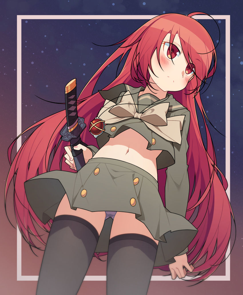 absurdres ahoge alastor_(shakugan_no_shana) ass_visible_through_thighs black_background black_legwear cowboy_shot dutch_angle from_below gradient gradient_background green_serafuku green_skirt highres hop3 jewelry long_hair looking_to_the_side navel panties pantyshot pendant pleated_skirt red_background red_eyes red_hair school_uniform serafuku shakugan_no_shana shana skirt solo standing sword thighhighs underwear weapon white_panties