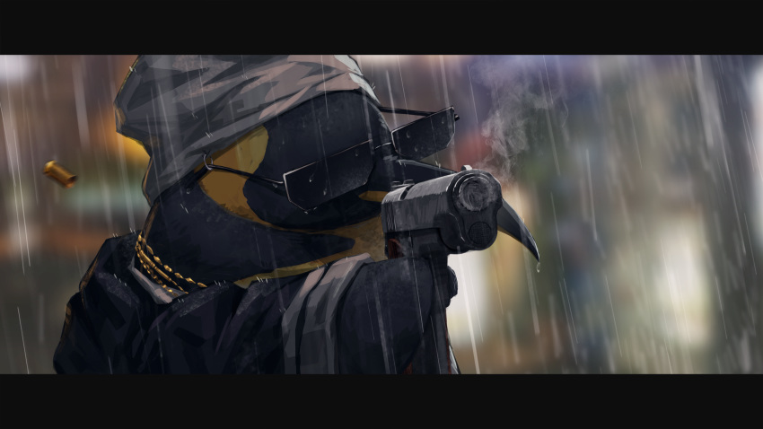 bandana blurry blurry_background coat commentary depth_of_field emperor_penguin english_commentary formal gh_(chen_ghh) gun handgun highres holding holding_gun holding_weapon jewelry letterboxed long_sleeves necklace no_humans pistol rain shell_casing smoke sunglasses the_emperor_(arknights) weapon