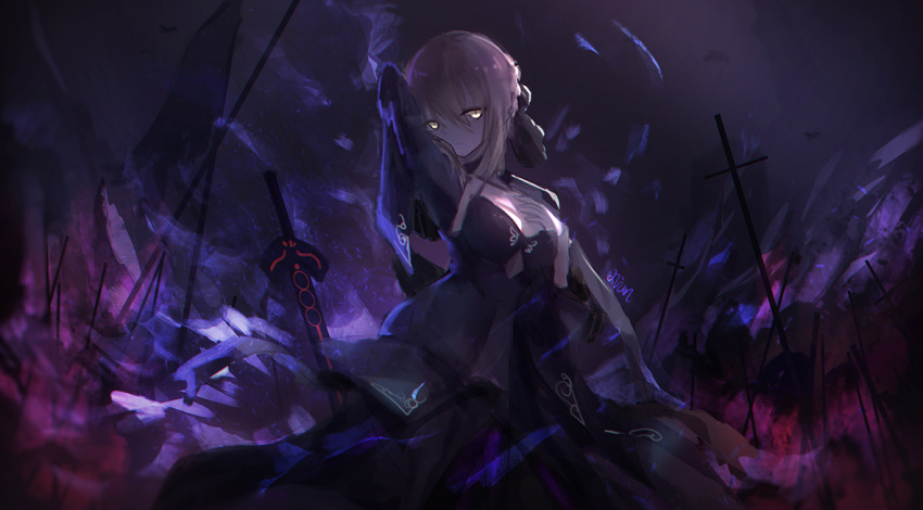 arm_up artoria_pendragon_(all) black_ribbon black_skirt black_sleeves blonde_hair breasts cleavage dark_excalibur fate/stay_night fate_(series) hair_between_eyes hair_ribbon lm520lm520 long_skirt long_sleeves looking_at_viewer medium_breasts ribbon saber_alter short_hair shrug_(clothing) skirt solo standing yellow_eyes