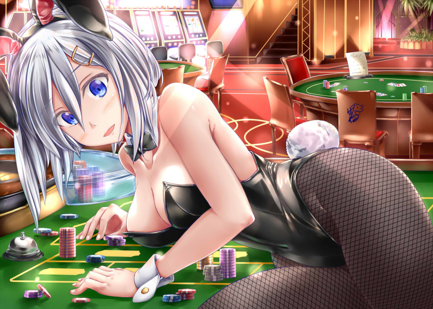 animal_ears ayakase_hotaru bare_shoulders black_legwear black_leotard black_neckwear blue_eyes bow bowtie breasts bunny_ears bunny_tail bunnysuit card casino chair cleavage coconut_tree commentary_request detached_collar eyebrows_visible_through_hair eyes_visible_through_hair fake_animal_ears fishnet_pantyhose fishnets gambling hair_ornament hair_over_one_eye hairclip hamakaze_(kantai_collection) highres indoors kantai_collection large_breasts leotard lights looking_at_viewer neck_ribbon open_mouth palm_tree pantyhose playing_card poker_chip ribbon roulette_table short_hair silver_hair sitting slot_machine stairs strapless strapless_leotard table tail tree wrist_cuffs