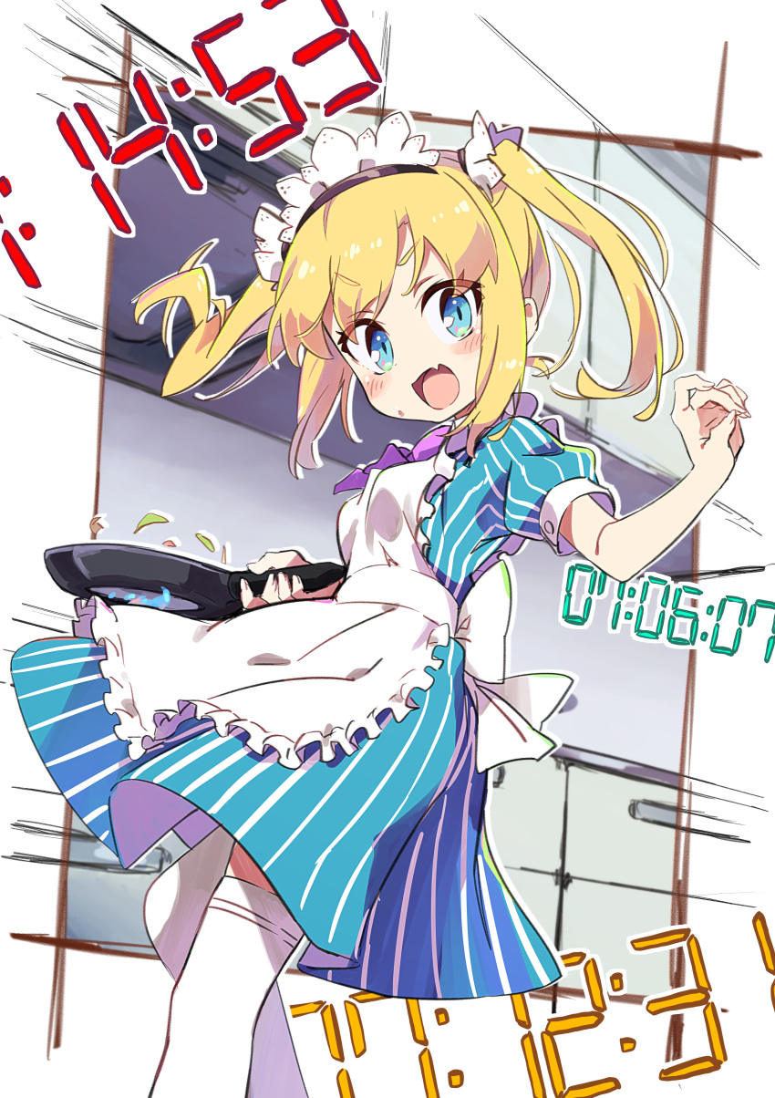 absurdres amaryllis_class apron bangs blonde_hair blue_dress blue_eyes blush bow breasts commentary_request dress eyebrows_visible_through_hair fang fingernails frilled_apron frills frying_pan hand_up highres holding holding_frying_pan kotohara_hinari long_hair looking_at_viewer maid maid_apron maid_headdress open_mouth puffy_short_sleeves puffy_sleeves purple_bow short_sleeves sidelocks small_breasts solo standing striped sweat tama_(tama-s) thighhighs twintails v-shaped_eyebrows vertical-striped_dress vertical_stripes virtual_youtuber white_apron white_legwear