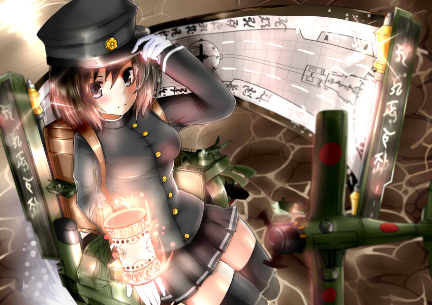 aircraft airplane akitsu_maru_(kantai_collection) backpack bag black_eyes black_hair black_hat blush breasts closed_mouth commentary_request fire_maxs gloves hat highres kantai_collection lamp lantern large_breasts looking_at_viewer machinery military military_hat military_uniform pale_skin peaked_cap pleated_skirt randoseru remodel_(kantai_collection) short_hair skirt solo thighhighs turret uniform weapon white_gloves