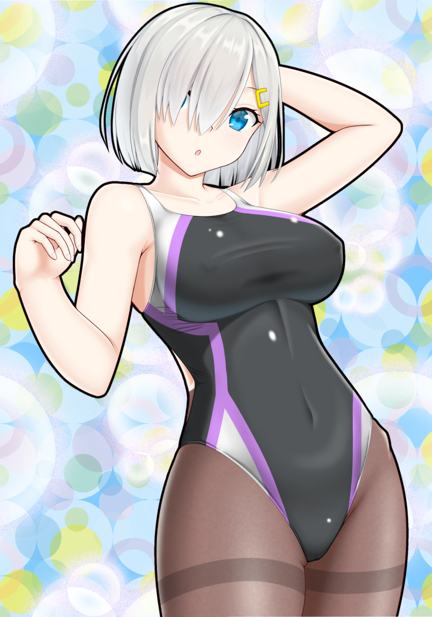 black_legwear black_swimsuit blue_eyes breasts competition_swimsuit covered_navel cowboy_shot eyes_visible_through_hair hair_ornament hair_over_one_eye hairclip hamakaze_(kantai_collection) highres kantai_collection large_breasts looking_at_viewer multicolored multicolored_background one-piece_swimsuit ouka_yozakura pantyhose pantyhose_under_swimsuit short_hair silver_hair solo standing swimsuit thighband_pantyhose