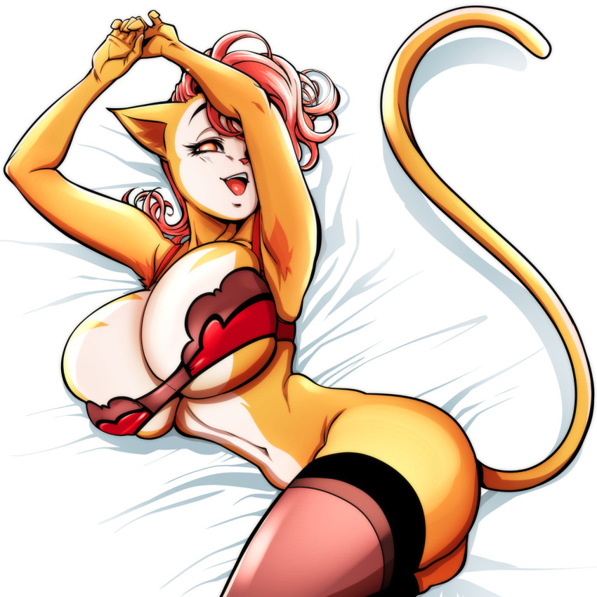 2018 anthro bed big_breasts blush bra breasts cat cleavage clothed clothing feline female fur hair hecchidechu hi_res huge_breasts legwear lingerie looking_at_viewer lying mammal monique_pussycat navel nipple_bulge open_mouth pink_eyes pink_hair pink_nose short_hair stockings super_fuck_friends tongue underwear voluptuous white_fur yellow_fur