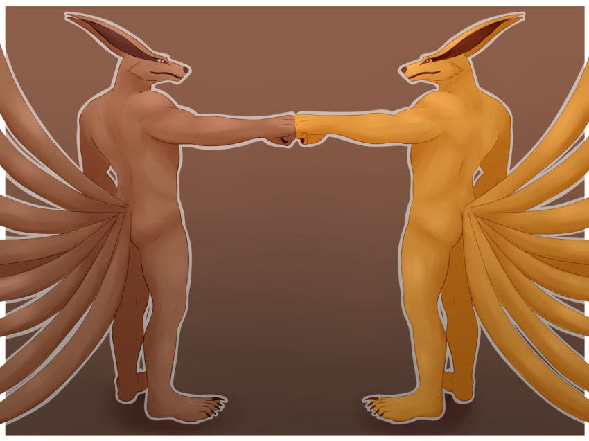 5_toes anthro anubis-kruger butt canid canine demon duo feet fist_bump fox fur humanoid_feet kurama male mammal muscular naruto orange_fur toes