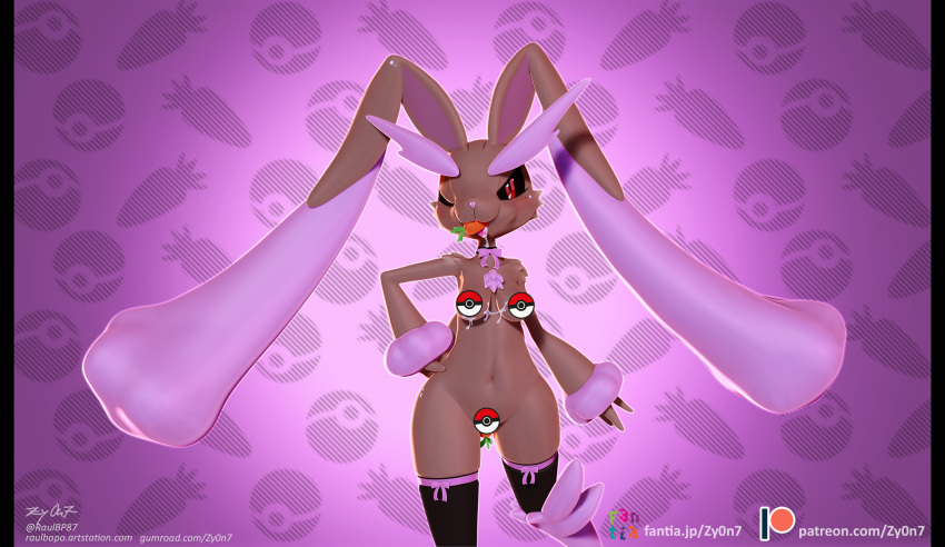 3d_(artwork) anthro blush breasts brown_fur carrot censored clothing cum cum_on_breasts digital_media_(artwork) drooling female food fur hi_res lagomorph legwear looking_at_viewer lopunny mammal midriff mostly_nude nintendo one_eye_closed pok&eacute;ball pok&eacute;mon pok&eacute;mon_(species) potion red_eyes ribbons saliva shiny_pok&eacute;mon solo stockings tongue vegetable video_games wink yellow_fur zy0n7