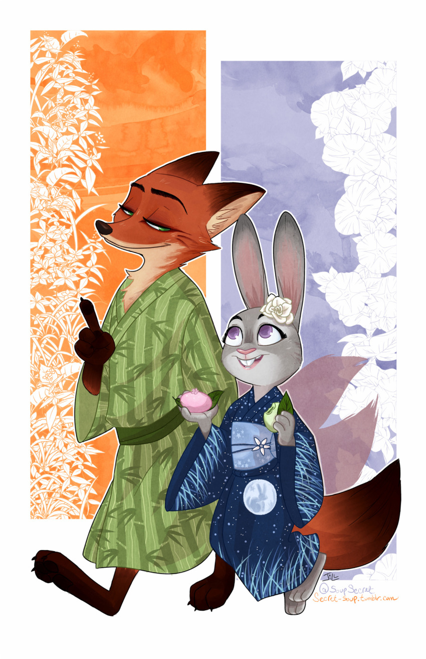 canine clothing disney duo female flower fox hi_res japanese_clothing judy_hopps kimono lagomorph male mammal nick_wilde plant rabbit secret-soup zootopia