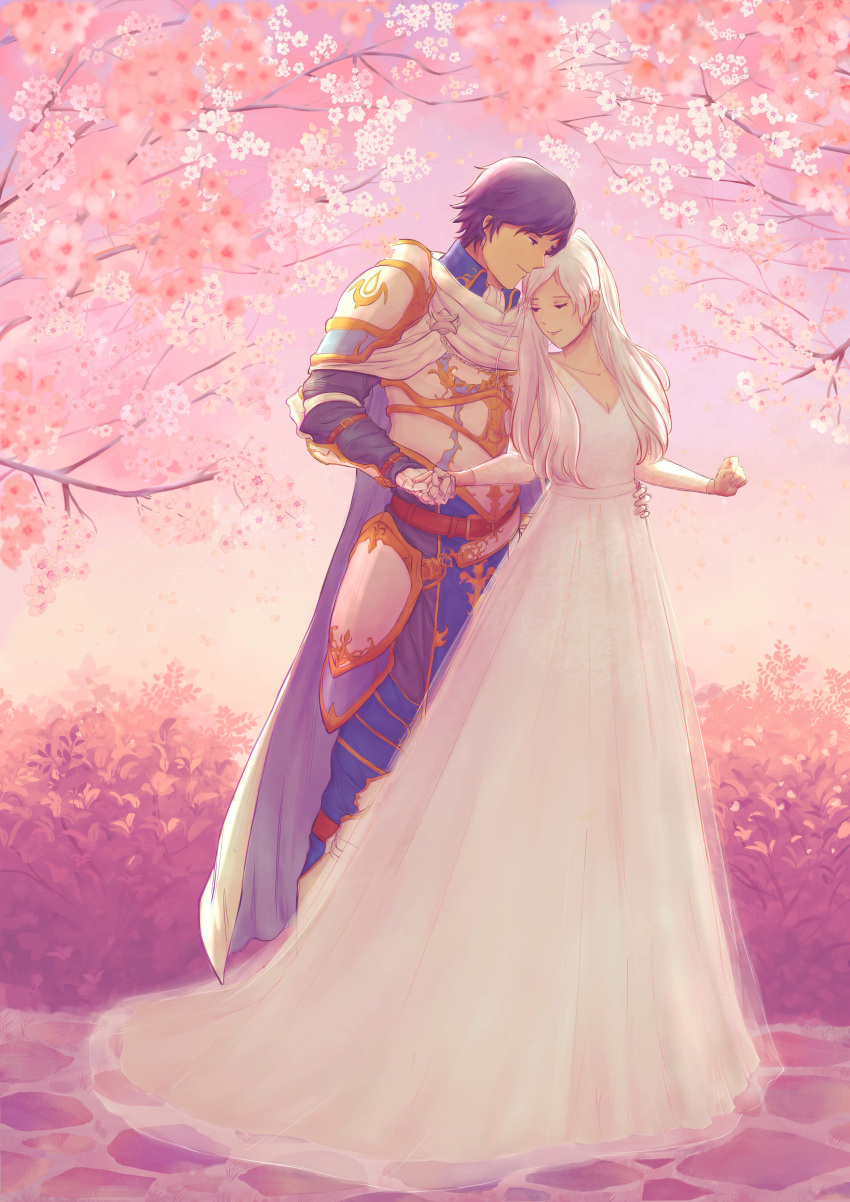 1girl absurdres armor blue_eyes breastplate cape cherry_blossoms closed_eyes dress female_my_unit_(fire_emblem:_kakusei) fire_emblem fire_emblem:_kakusei fire_emblem_heroes gloves highres holding_hands hug hug_from_behind krom long_hair my_unit_(fire_emblem:_kakusei) smile tree white_dress white_hair