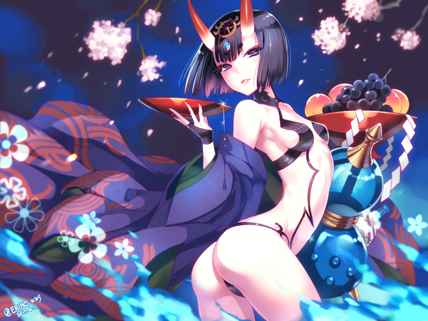 :d ass black_hair black_panties breasts cup fate/grand_order fate_(series) food from_side fruit grapes hair_ornament horns looking_at_viewer nishimura_eri open_mouth panties petals purple_eyes sakazuki short_hair shuten_douji_(fate/grand_order) sideboob small_breasts smile solo standing underwear