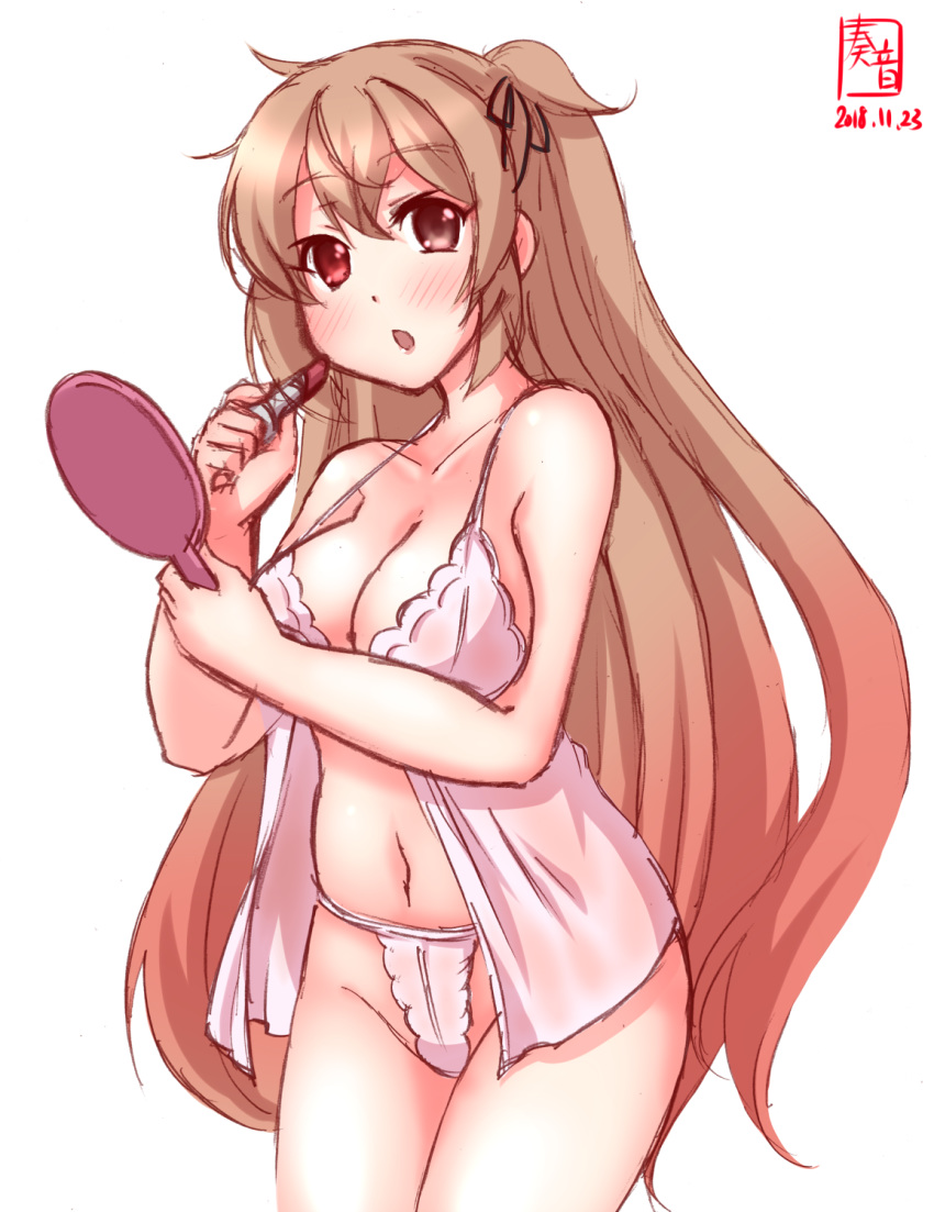 artist_logo babydoll breasts brown_eyes cleavage collarbone commentary_request cowboy_shot dated eyebrows_visible_through_hair gradient_hair hand_mirror heterochromia highleg highleg_panties highres holding_lipstick holding_mirror kanon_(kurogane_knights) kantai_collection large_breasts light_brown_hair lipstick lipstick_tube long_hair looking_at_viewer makeup mirror multicolored_hair murasame_(kantai_collection) panties red_eyes remodel_(kantai_collection) simple_background solo two_side_up underwear white_background white_panties