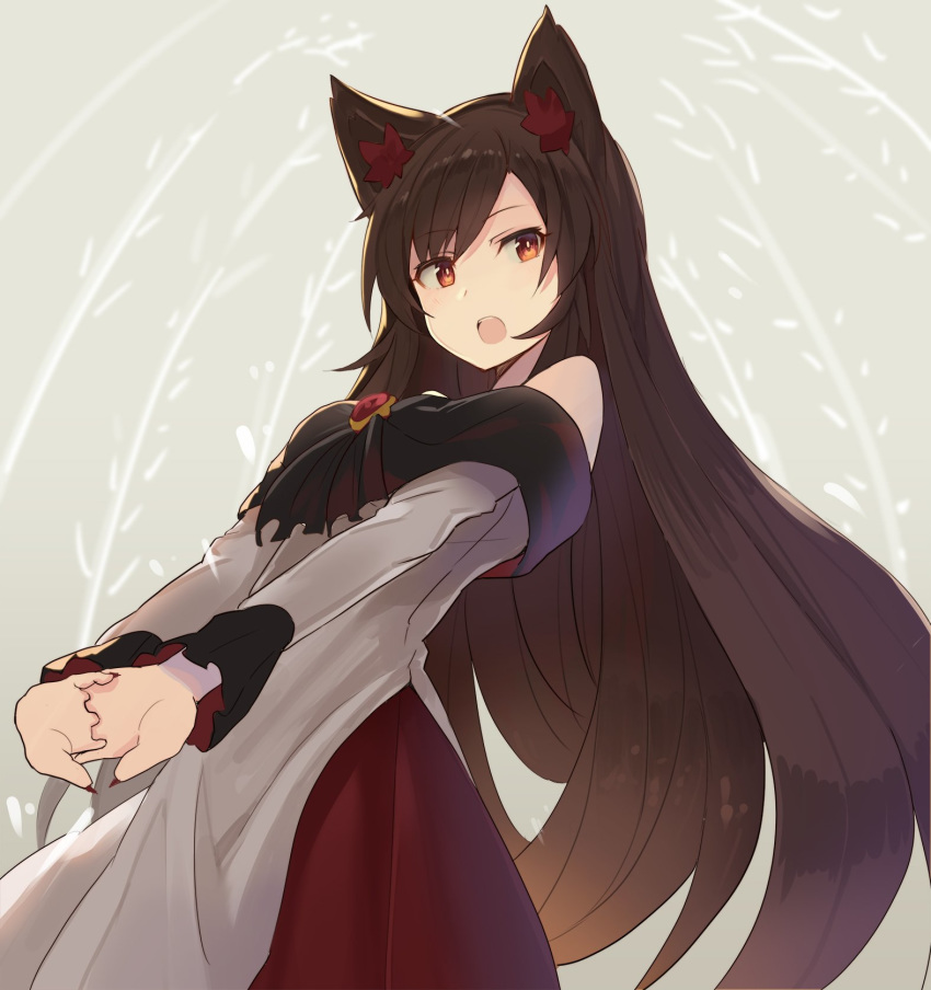 animal_ear_fluff animal_ears bangs bare_shoulders breasts brooch brown_eyes brown_hair commentary_request cowboy_shot dress eyebrows_visible_through_hair fingernails grey_background highres imaizumi_kagerou jewelry long_hair long_sleeves looking_at_viewer medium_breasts multicolored multicolored_clothes multicolored_dress nail_polish off-shoulder_dress off_shoulder open_mouth red_dress red_nails rin_falcon sharp_fingernails simple_background solo standing touhou very_long_hair white_dress wolf_ears