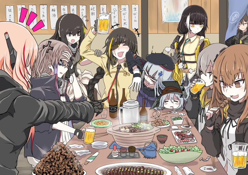 6+girls absurdres alcohol anger_vein anti-rain_(girls_frontline) arm_up armband bangs beer beer_mug beret black_coat black_gloves black_hair black_neckwear blonde_hair blue_eyes blush blush_stickers bottle braid breasts brown_eyes brown_hair brown_shirt cardigan chopsticks closed_eyes clothes_around_waist coat commentary cup dress drinking drooling drunk eyebrows_visible_through_hair eyepatch fingerless_gloves flying_sweatdrops food g11_(girls_frontline) girls_frontline gloves green_eyes green_hair grey_hair hair_between_eyes hair_ornament hand_on_forehead happy hat head_rest headgear headphones heterochromia highres hk416_(girls_frontline) holding holding_another's_arm holding_cup hood hooded_jacket hotpot huge_filesize jacket jacket_around_waist kamatama lanyard long_hair m16a1_(girls_frontline) m4_sopmod_ii_(girls_frontline) m4a1_(girls_frontline) medium_breasts mole mole_under_eye multicolored_hair multiple_girls neck_ribbon necktie one_side_up open_clothes open_jacket open_mouth orange_eyes pink_hair plate pointing red_eyes red_hair ribbon ro635_(girls_frontline) scar scar_across_eye scarf shaded_face shirt shish_kebab sidelocks silver_hair sitting skirt skull_print sleeping small_breasts smile spill st_ar-15_(girls_frontline) streaked_hair table twintails ump40_(girls_frontline) ump45_(girls_frontline) ump9_(girls_frontline) undressing untucked_shirt white_hair yellow_eyes zzz