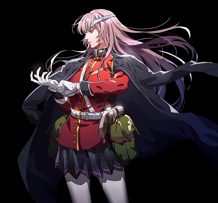 adjusting_clothes adjusting_gloves bag bandage_over_one_eye belt black_background black_jacket blue_skirt closed cowboy_shot fate/grand_order fate_(series) florence_nightingale_(fate/grand_order) gloves gun highres holstered_weapon jacket jacket_on_shoulders long_hair military military_jacket military_uniform mouth paisura pantyhose pink_hair pleated_skirt red_jacket skirt solo tenobe uniform very_long_hair weapon white_belt white_gloves white_legwear