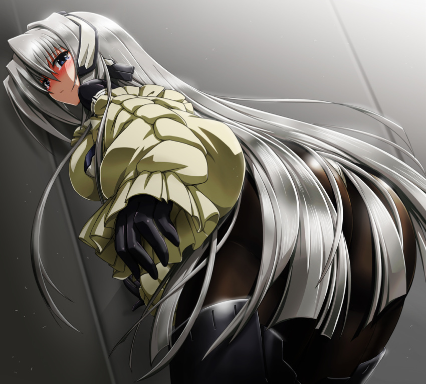 against_wall ass black_legwear blue_eyes blush boots detached_sleeves headgear horizon_ariadust kyoukaisenjou_no_horizon long_hair looking_back pantyhose shiny shiny_hair shirosame silver_hair solo sweater tears thigh_boots thighhighs very_long_hair