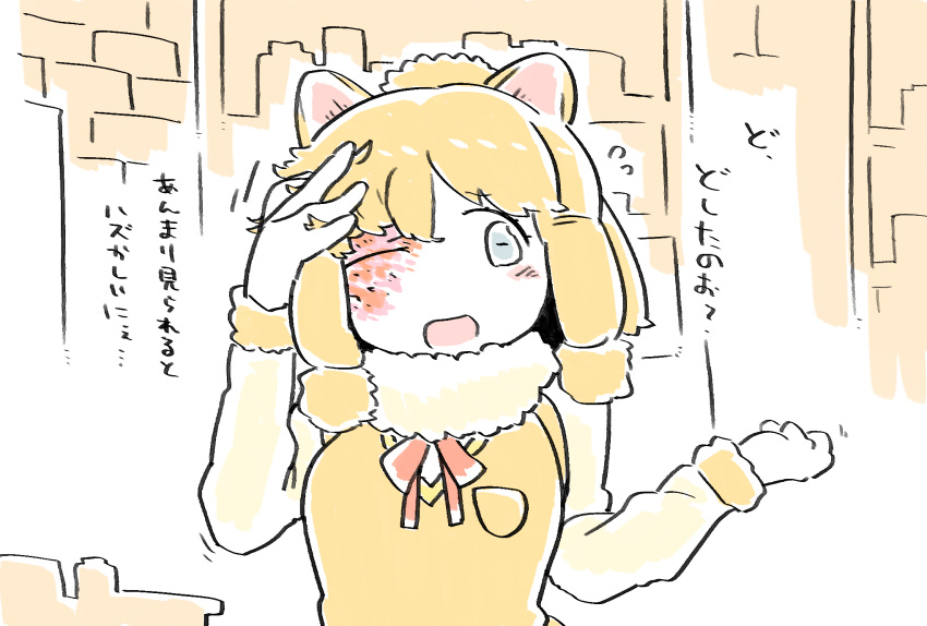 alpaca_ears alpaca_suri_(kemono_friends) animal_ears bangs blonde_hair blue_eyes breast_pocket burn_scar eyebrows_visible_through_hair flying_sweatdrops fur-trimmed_sleeves fur_collar fur_trim gunzan hair_lift hands_up highres horizontal_pupils kemono_friends long_sleeves looking_at_viewer medium_hair neck_ribbon one_eye_closed open_mouth pocket ribbon scar scar_across_eye solo sweater translated upper_body