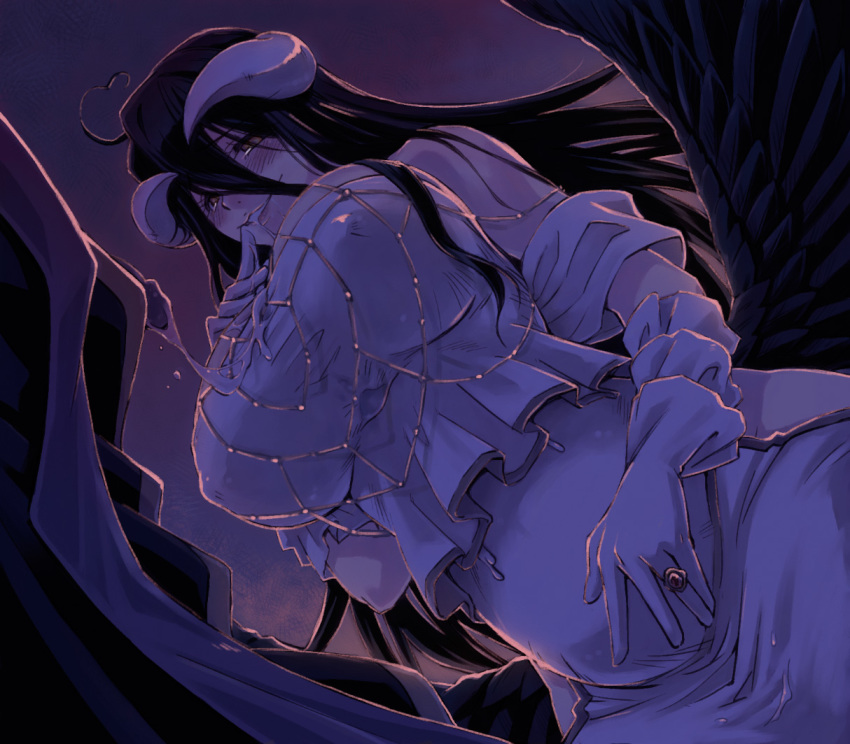 1girl after_fellatio ahoge ainz_ooal_gown albedo black_feathers black_hair black_wings blush breasts cum cum_on_body cum_on_breasts cum_on_upper_body cum_string demon_girl demon_horns demon_wings detached_collar dress feathered_wings feathers finger_to_mouth from_below gloves hair_between_eyes hip_vent horns jewelry large_breasts long_hair low_wings necklace overlord_(maruyama) parted_lips penis ring robe saliva slit_pupils smile user_xgpy8228 very_long_hair white_dress white_gloves wings yellow_eyes