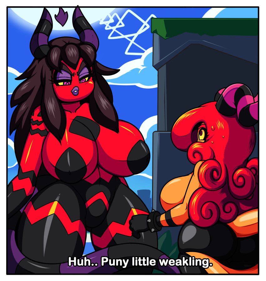 absurd_res big_breasts big_butt big_tail black_skin bracelet breasts brown_hair butt curly_hair demon dialogue dreamcastzx1 featureless_crotch female fire hair hi_res horn huge_breasts huge_hips huge_thighs inverted_nipples jewelry lipstick long_hair long_tail looking_down makeup nipples nude orange_skin outside pink_eyes purple_lips red_eyes red_hair red_skin scared size_difference sonic_(series) spiked_bracelet spikes sweat sweatdrop text thick_thighs voluptuous wide_hips yellow_sclera zanita_the_zeti zeti zia_the_zeti