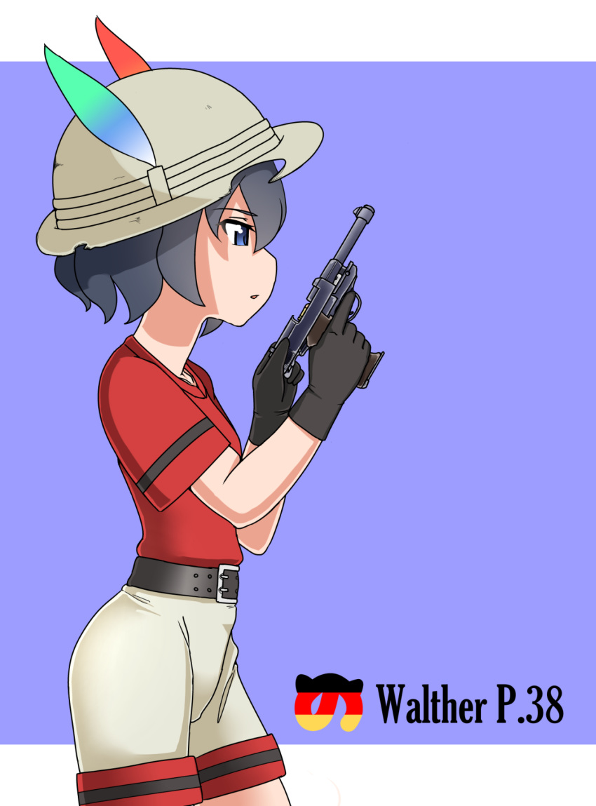 ammunition_pouch black_eyes black_gloves black_hair bullet german gloves gun hair_between_eyes handgun hat hat_feather helmet highres japari_symbol kaban_(kemono_friends) kemono_friends magazine_(weapon) nb_(pixiv594732) no_legwear pistol pith_helmet pouch red_shirt shirt short_hair shorts simple_background solo walther walther_p38 wavy_hair weapon