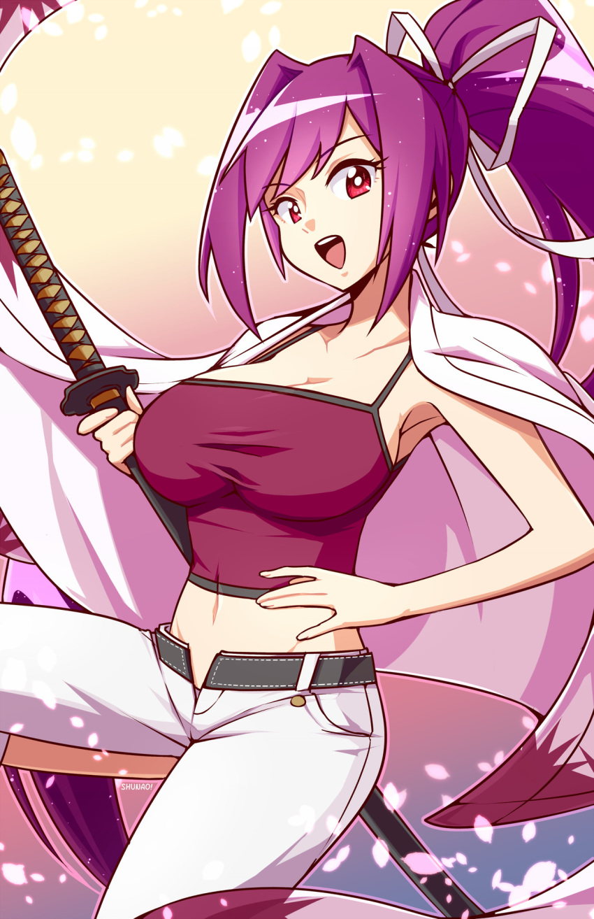 armpits artist_name breasts cherry_blossoms cleavage collarbone commentary crop_top english_commentary eyebrows_visible_through_hair gradient gradient_background hair_ribbon highres jacket_on_shoulders large_breasts leg_up looking_at_viewer lyn_(shunao) magenta_eyes midriff navel open_mouth pants purple_hair ribbon solo sword unbuttoned unbuttoned_pants under_night_in-birth weapon white_pants yuzuriha_(under_night_in-birth)