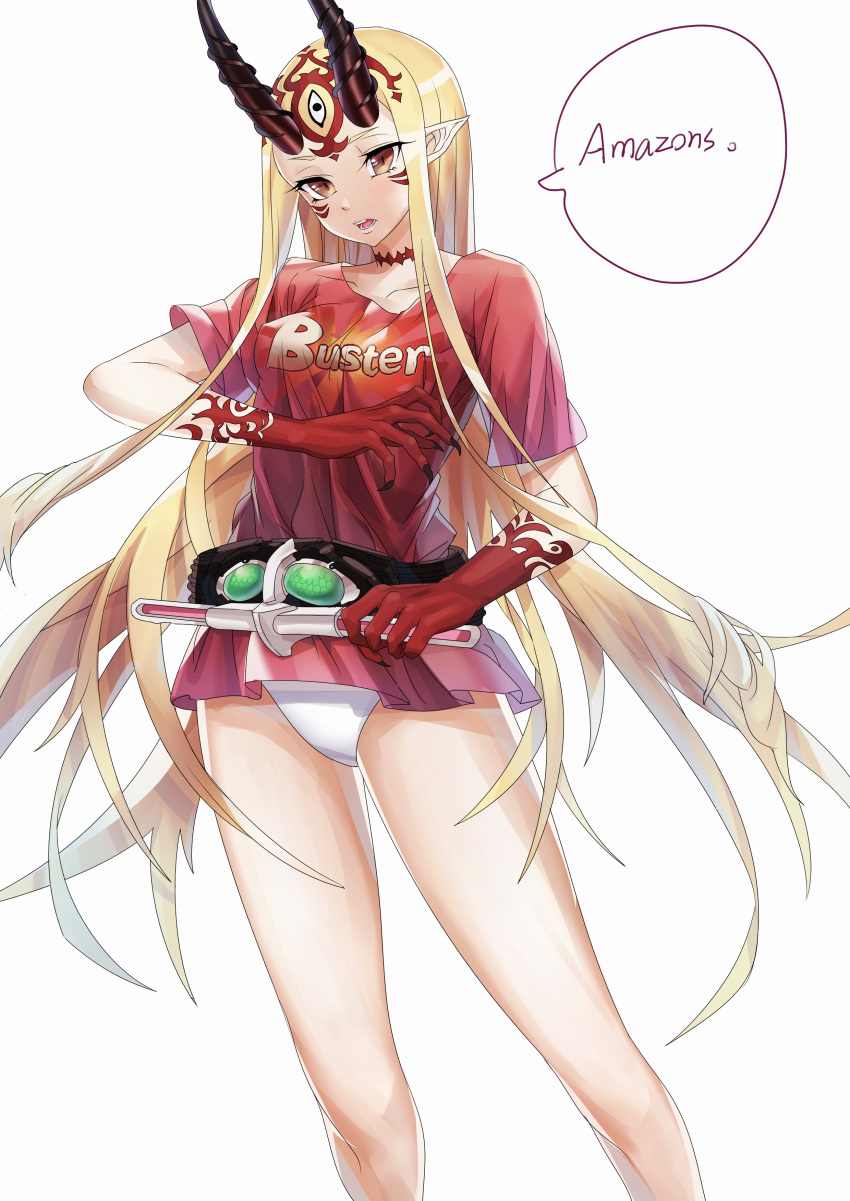 absurdres blonde_hair breasts brown_eyes buster_shirt clothes_writing collarbone commentary_request covered_nipples facial_mark fate/grand_order fate_(series) forehead_mark grey_background head_tilt highres horns ibaraki_douji_(fate/grand_order) kamen_rider_amazon_alpha kamen_rider_amazons long_hair looking_at_viewer no_pants oni oni_horns open_mouth panties pointy_ears red_shirt shirt short_sleeves simple_background small_breasts solo standing underwear very_long_hair white_panties xo_(xo17800108)